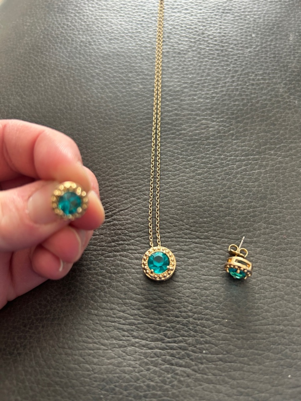 Gold-Tone Teal Crystal Necklace & Stud Earrings Set